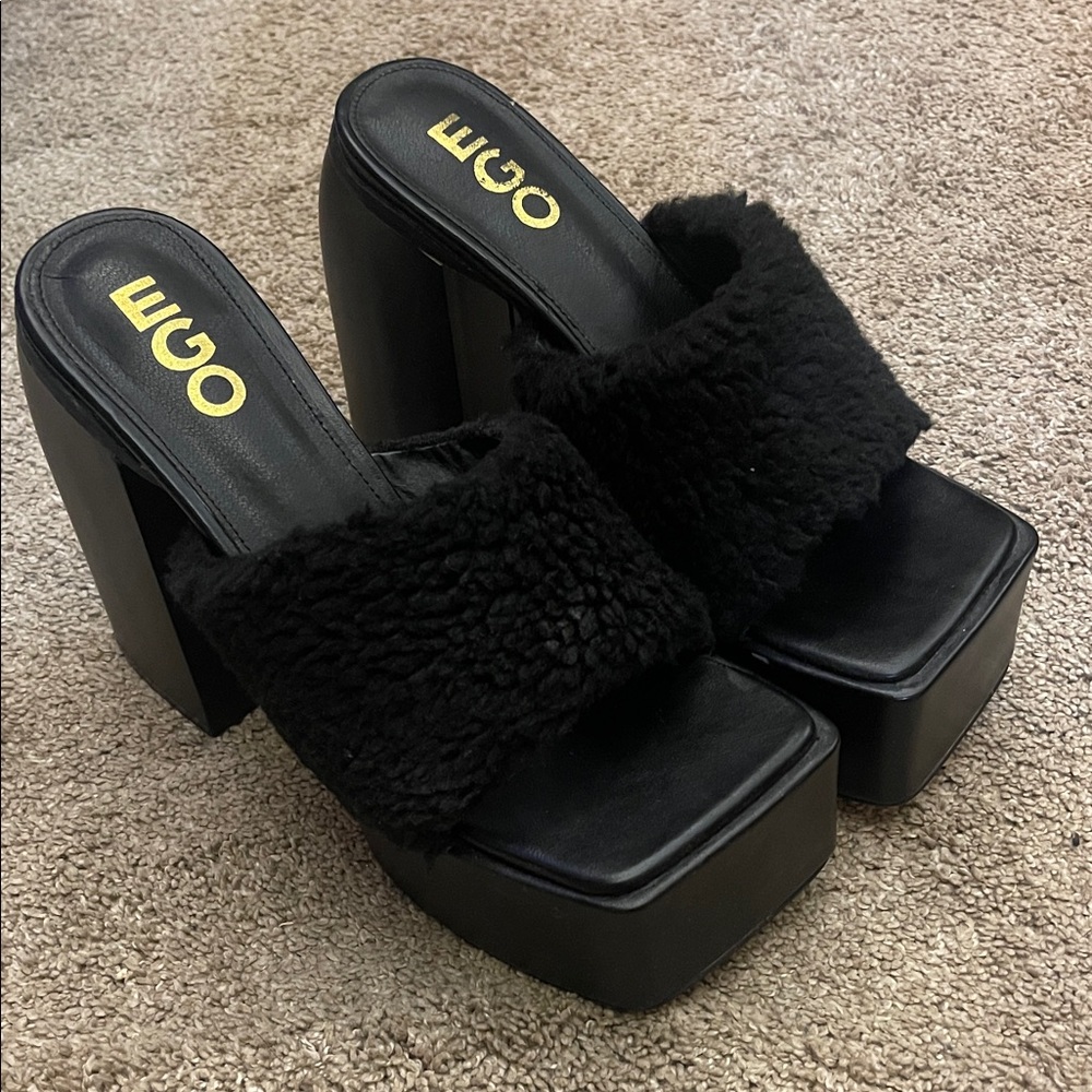 EGO Black Faux Shearling Platform Slide Heels with Block Heel Sz UK7/US9